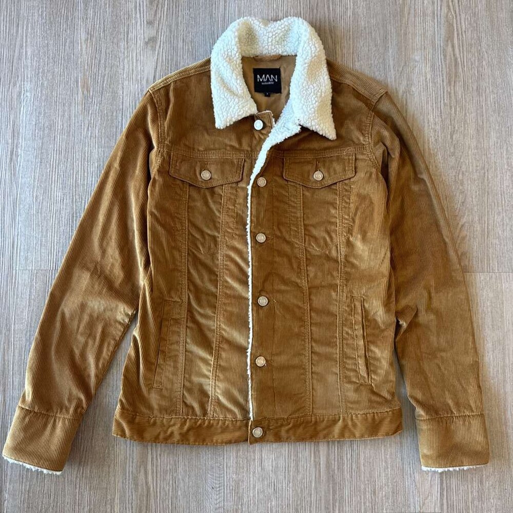 BoohooMAN Sherpa Lined Corduroy Trucker Jacket Camel Men’s Small
